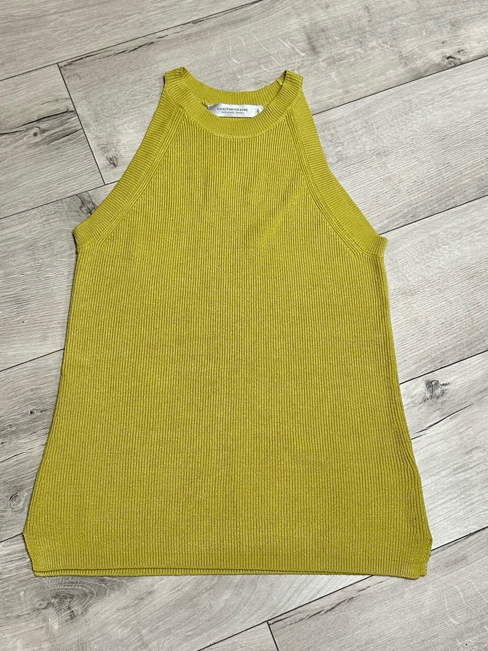 Contemporaine Simons Chartreuse Ribbed Halter Knit Top